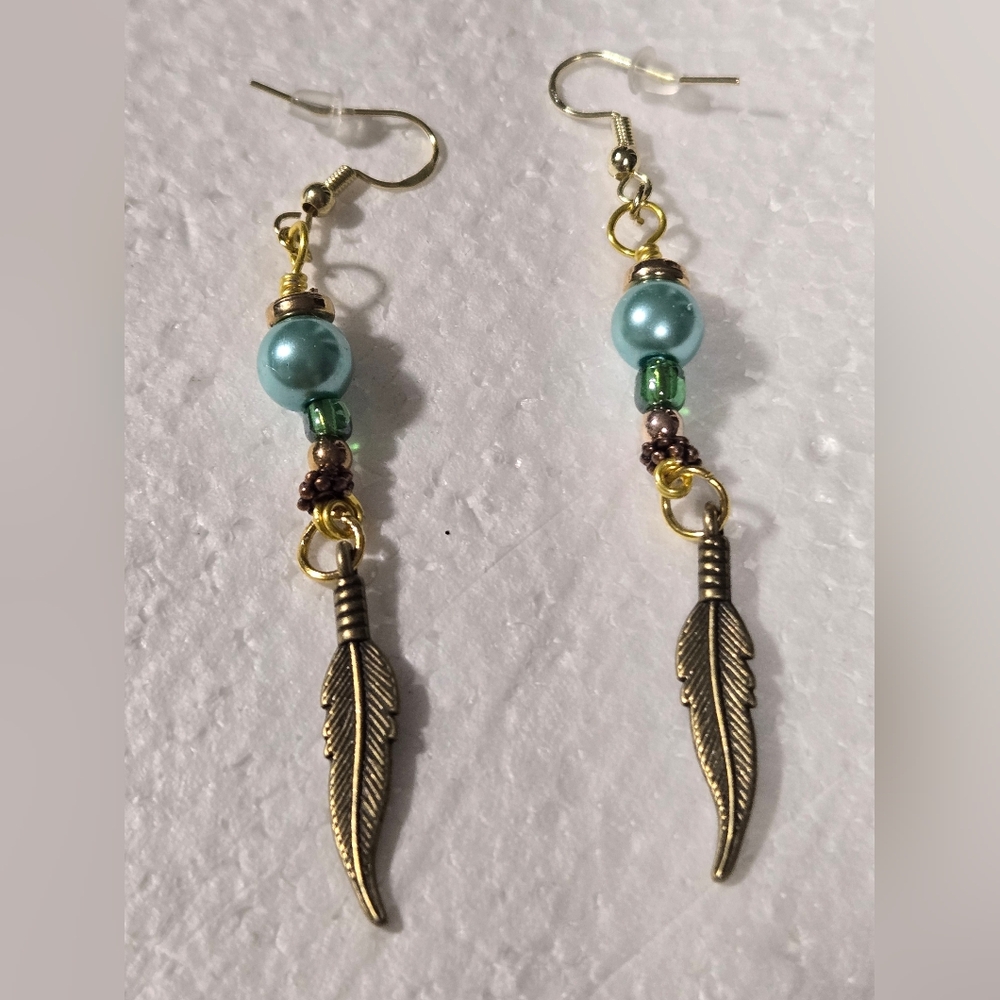 Gold and Green Feather Dangle Earrings